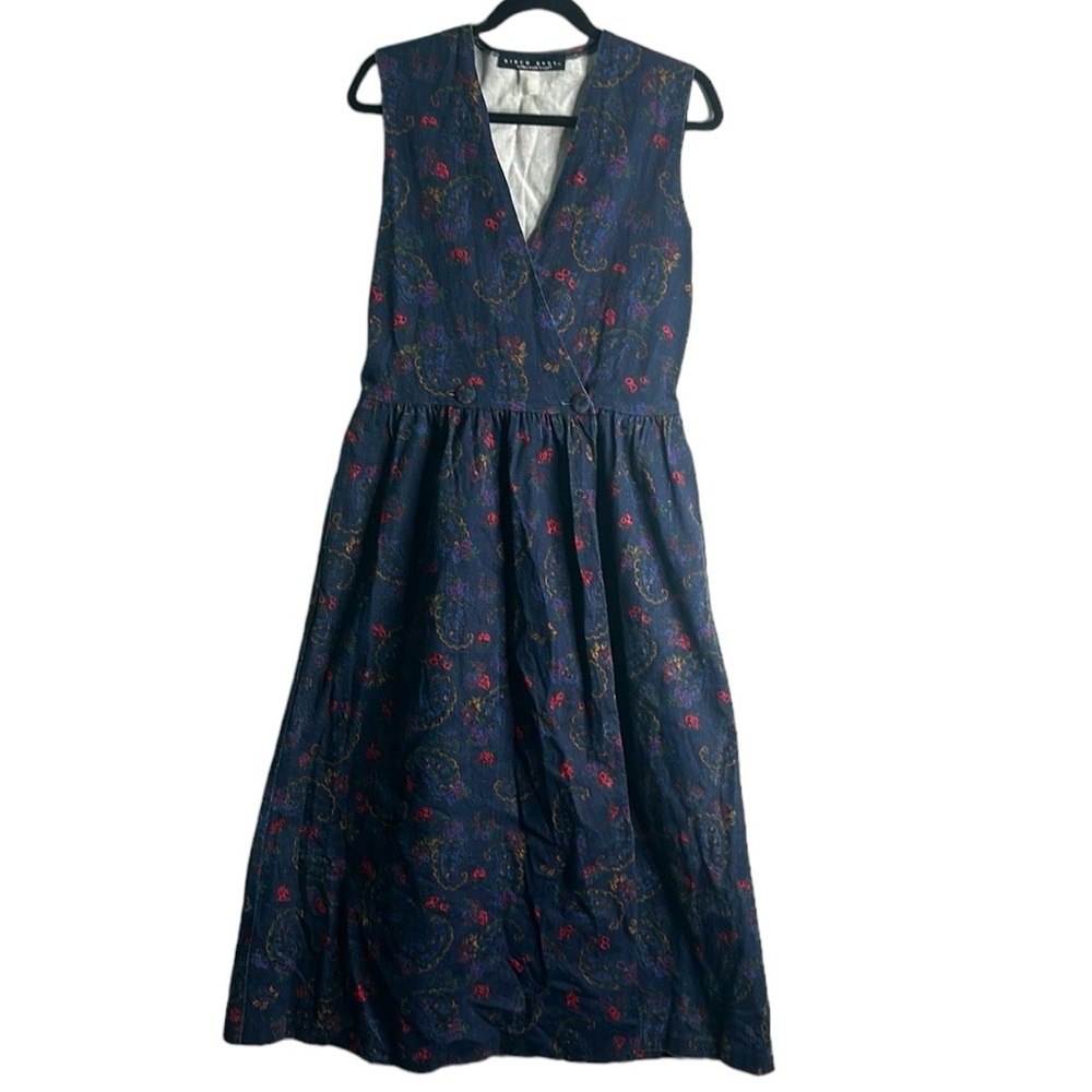 Vintage birch bros denim paisley vneck wrap  dress M  teacher grandma…cottage